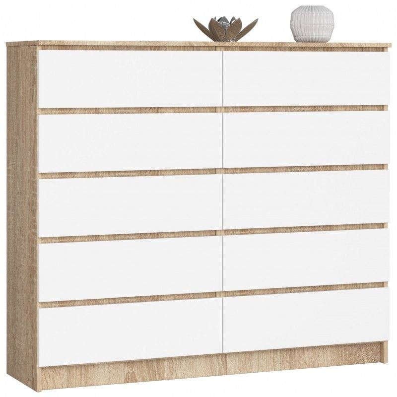 Komoda do sypialni, STILO, 10 szuflad, 140x40x121 cm, dąb sonoma, biel, mat