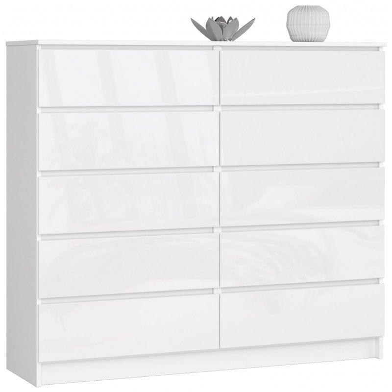 Komoda do sypialni, STILO, 10 szuflad, 140x40x121 cm, biel, połysk