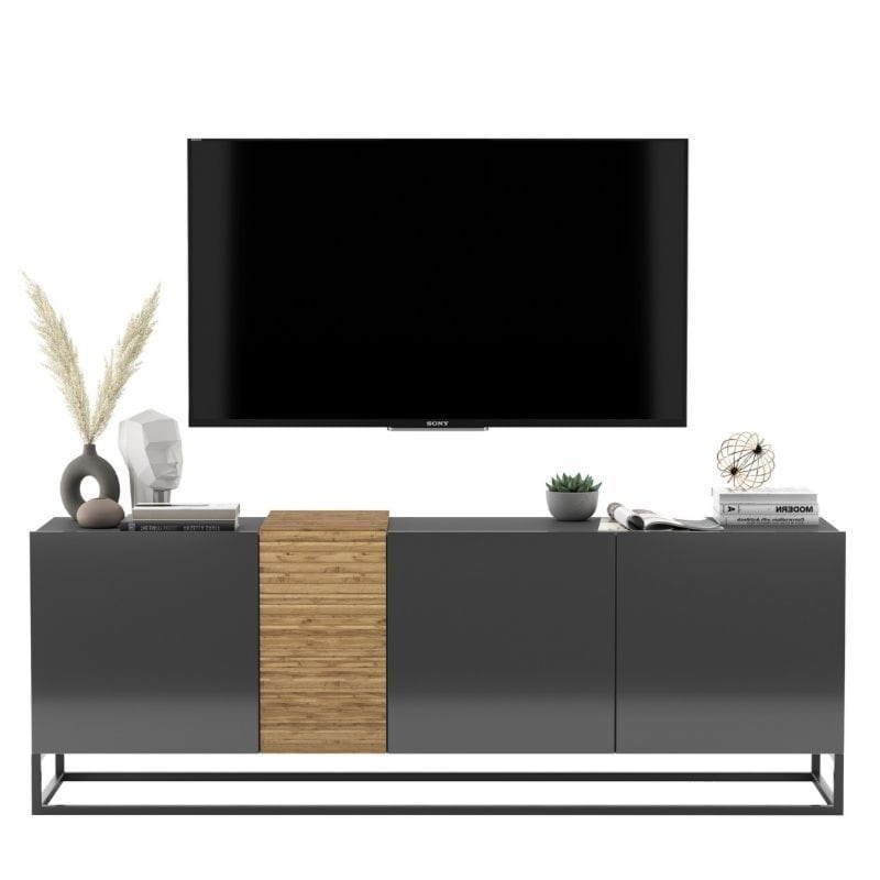 Szafka RTV, stojąca, loft, TERRA, 160x38x57 cm, dąb artisan, grafit, połysk