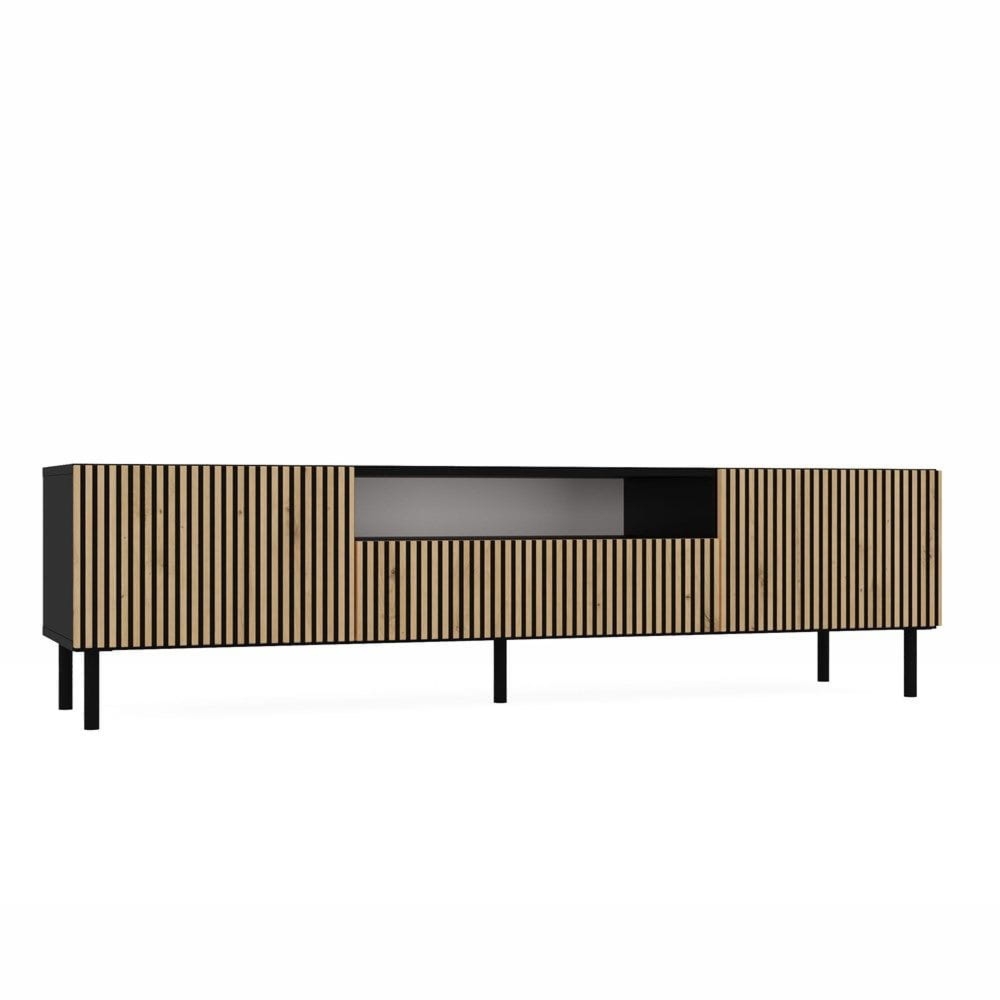 Szafka RTV ryflowana, Kama Slim, 160x40x43 cm, czarny, dąb artisan