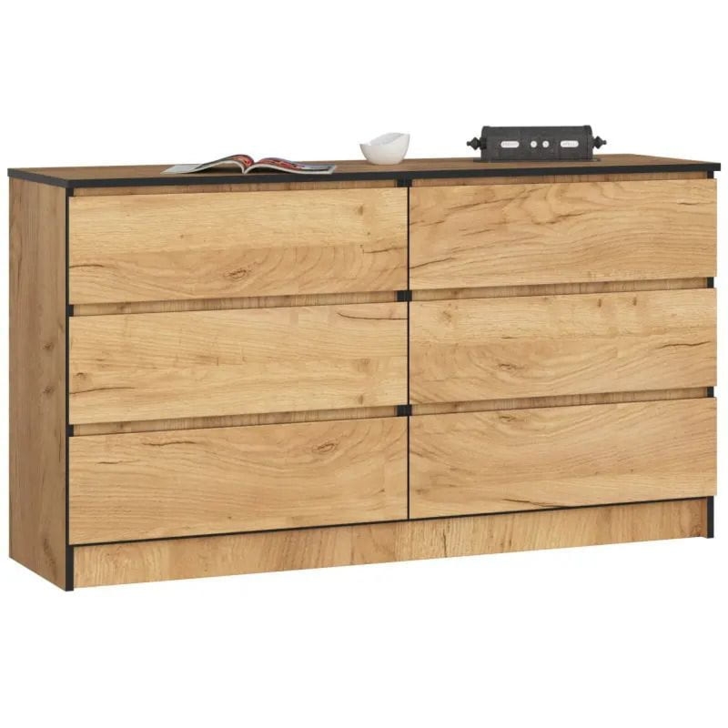 Komoda do sypialni, 6 szuflad, STILO, 140x40x77 cm, dąb craft, mat