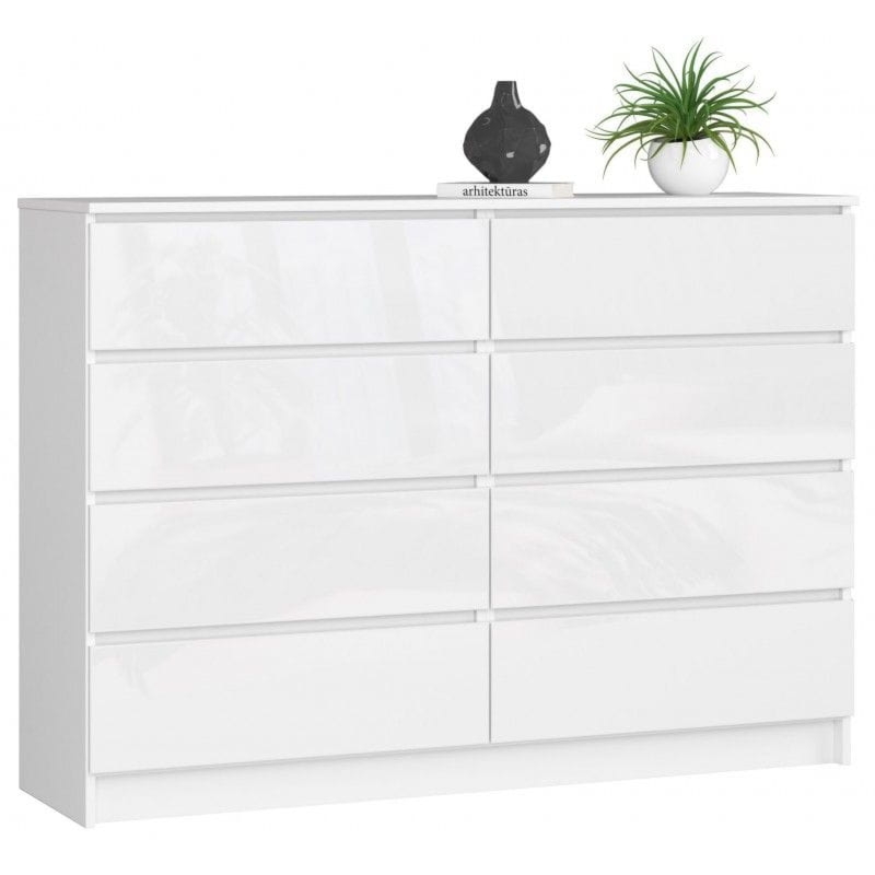 Komoda do sypialni, STILO, 8 szuflad, 140x40x99 cm, biel, połysk