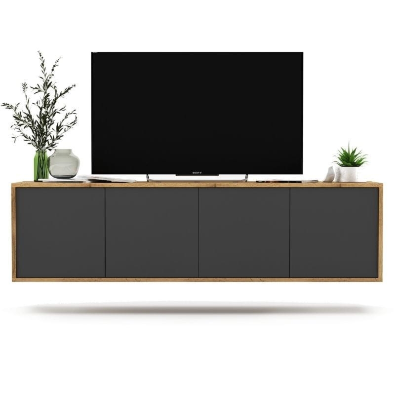 Wisząca szafka RTV, NORD, 150x35x39 cm, dąb wotan, grafit, mat