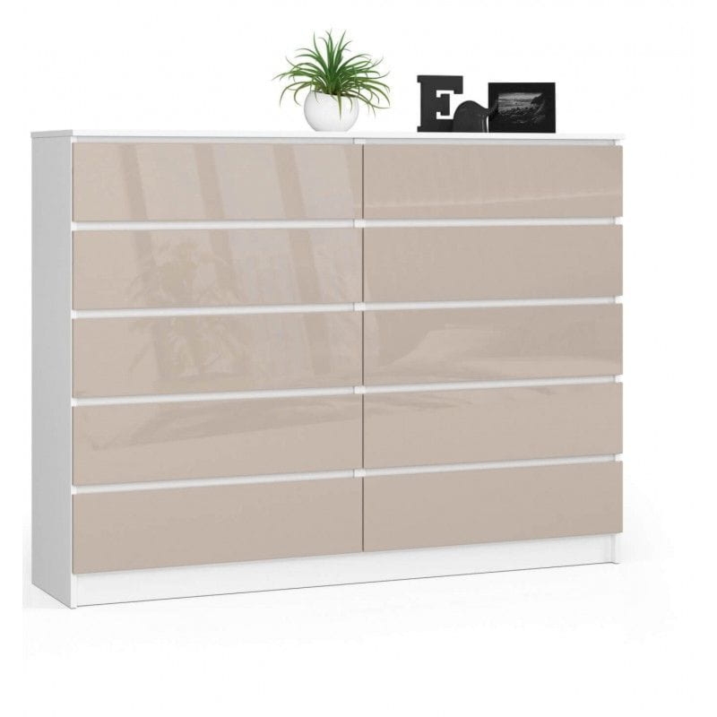 Komoda do sypialni, 10 szuflad, STILO, 160x40x121 cm, biel, cappuccino, połysk