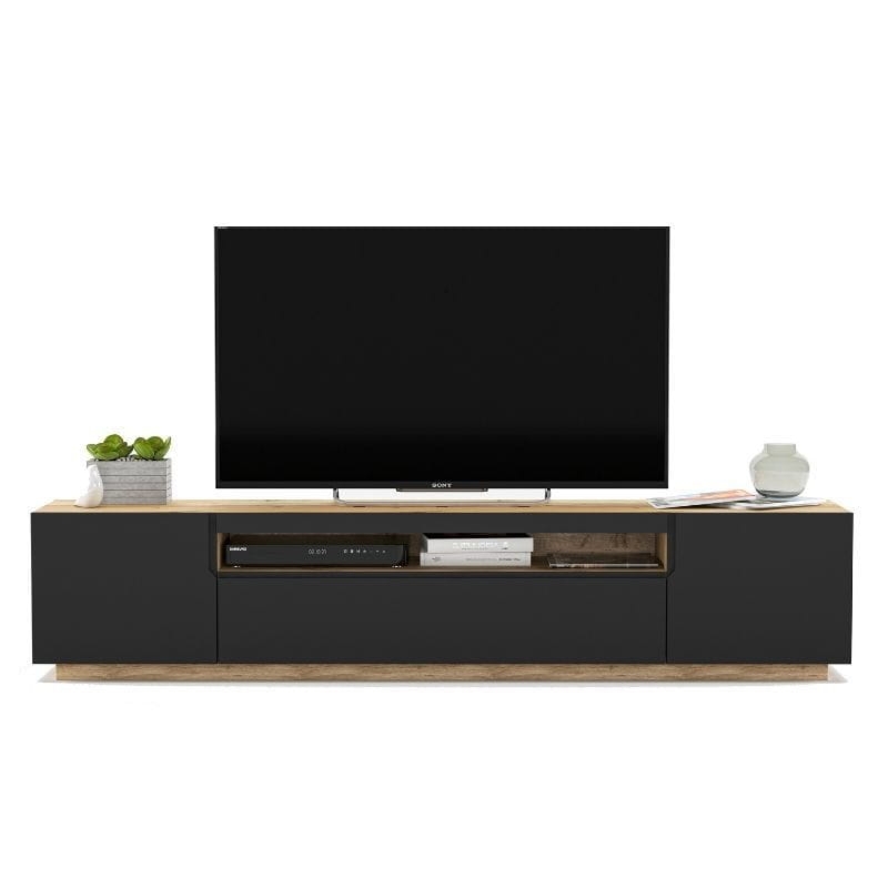 Szafka RTV, loft, industrialna, RUNO, 200x37x41 cm, dąb artisan, czarny, mat