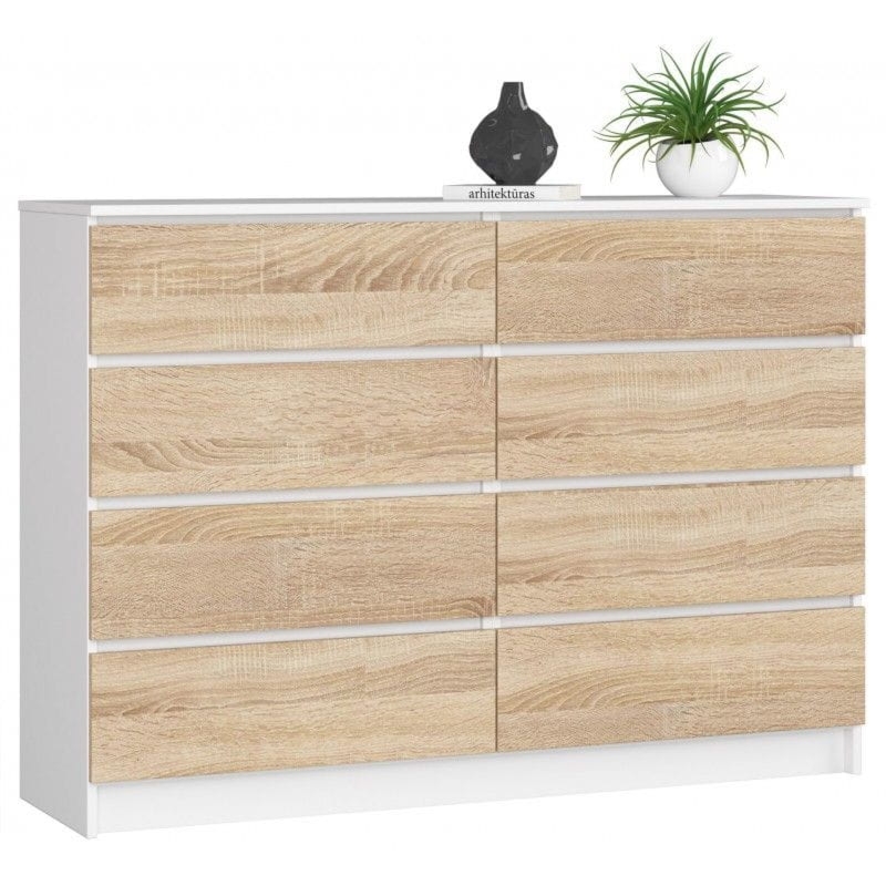 Komoda do sypialni, STILO, 8 szuflad, 140x40x99 cm, biel, dąb sonoma, mat