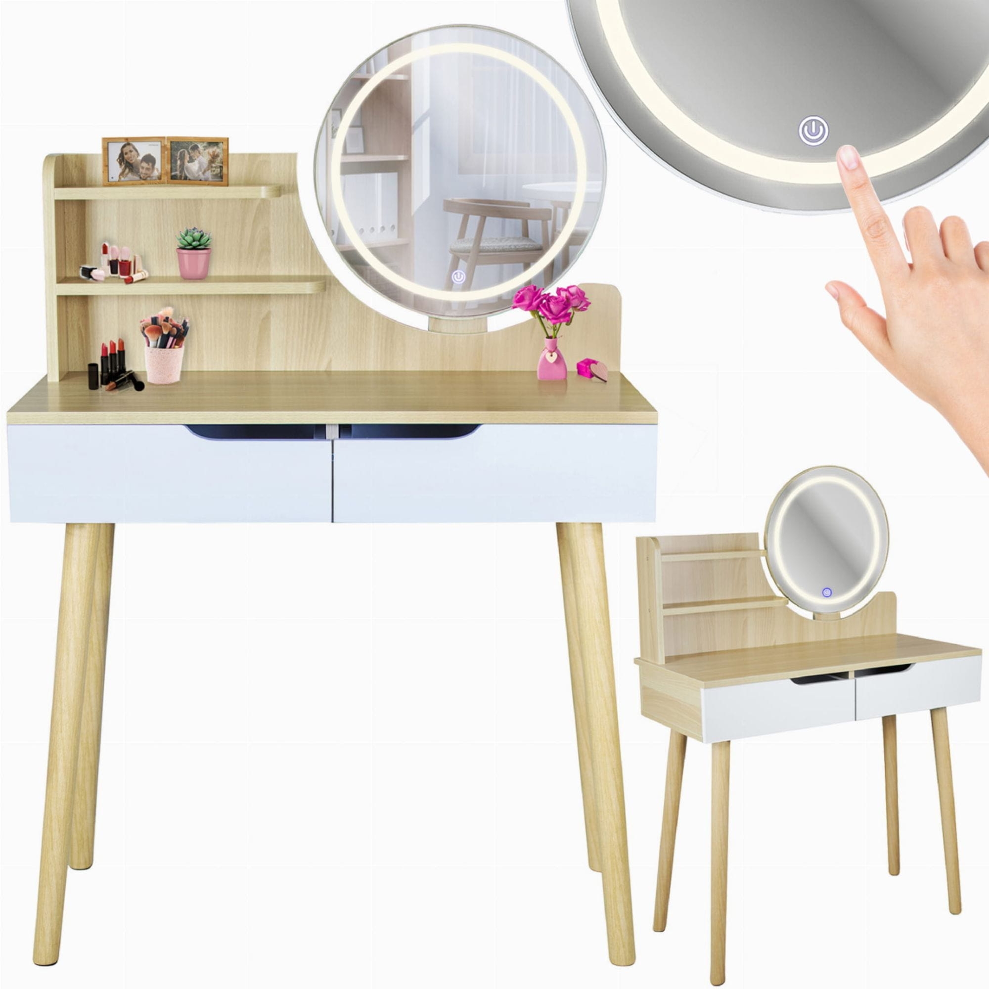 Toaletka z lustrem LED, skandynawska, SCANDI, 80x40x122 cm, jasny buk