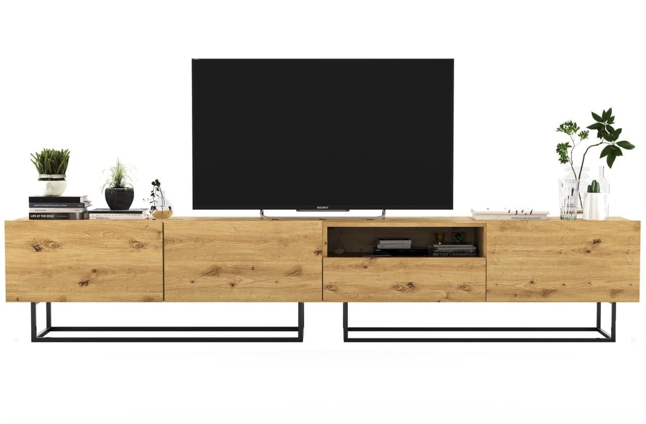 Komoda RTV, półka, loft, industrialna, SANO, 240x35x46 cm, dąb artisan, mat