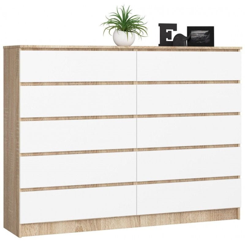 Komoda do sypialni, 10 szuflad, STILO, 160x40x121 cm, dąb sonoma, biel, mat