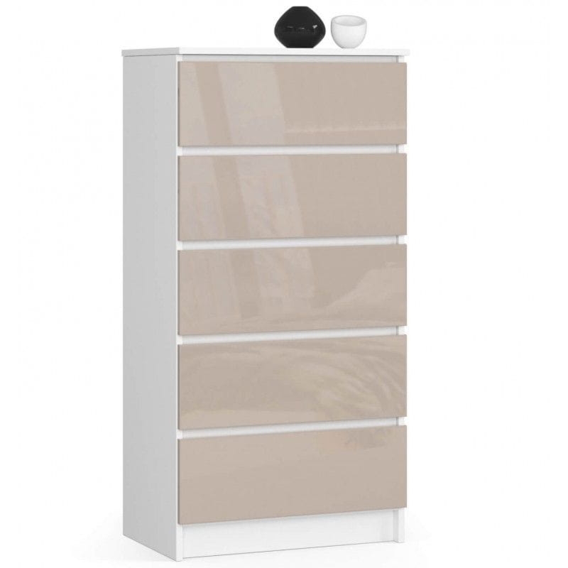 Komoda do sypialni, 5 szuflad, STILO, 60x40x121 cm, biel, cappuccino, połysk