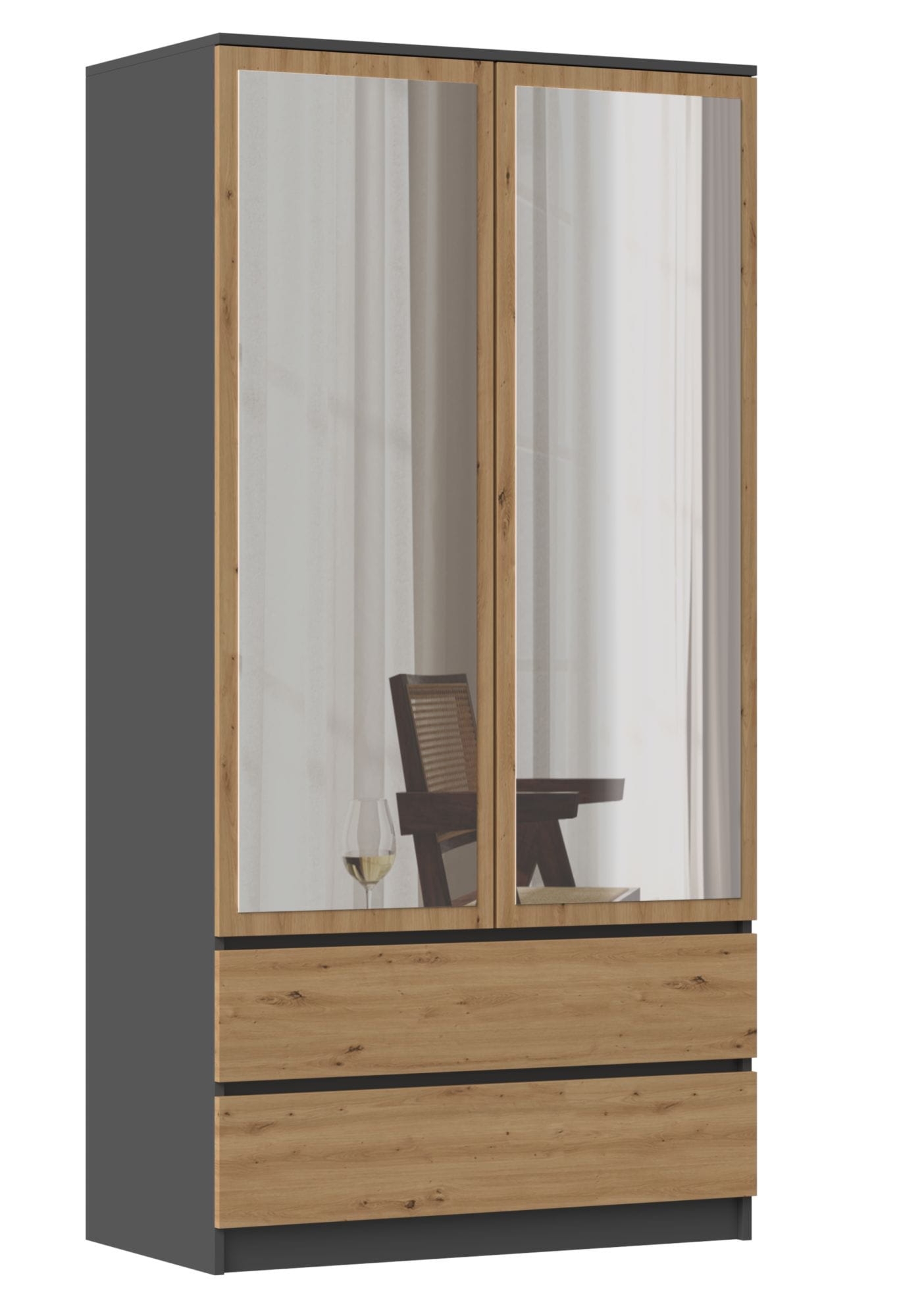 Szafa do sypialni, garderoba, lustro, SS-90, 90x50x180 cm, antracyt, dąb artisan