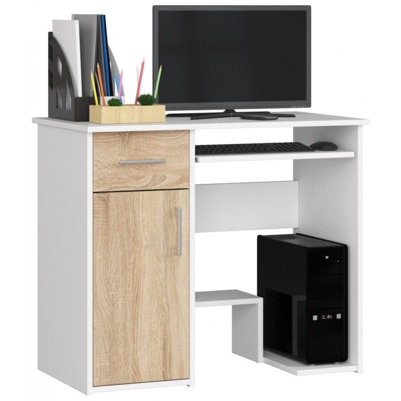 Biurko komputerowe, szafka, szuflada, BRUNO, 90x50x74 cm, biel, dąb sonoma, mat