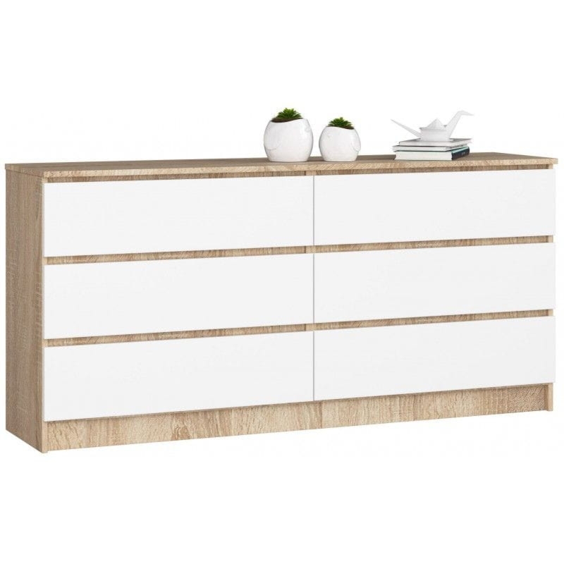 Komoda do sypialni, STILO, 6 szuflad, 160x40x77 cm, dąb sonoma, biel, mat