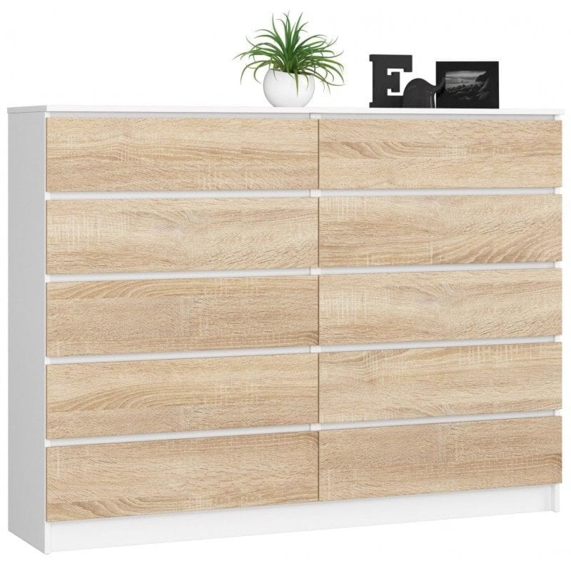 Komoda do sypialni, 10 szuflad, STILO, 160x40x121 cm, biel, dąb sonoma, mat