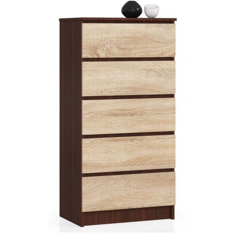 Komoda do sypialni, 5 szuflad, STILO, 60x40x121 cm, wenge, dąb sonoma, mat