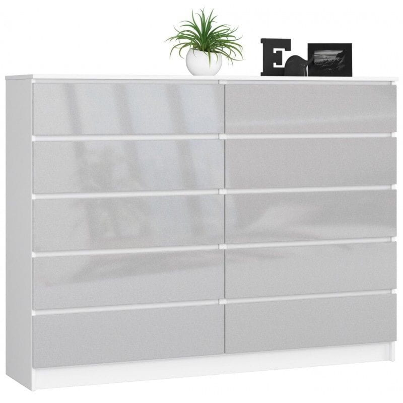 Komoda do sypialni, 10 szuflad, STILO, 160x40x121 cm, biel, metalik, połysk