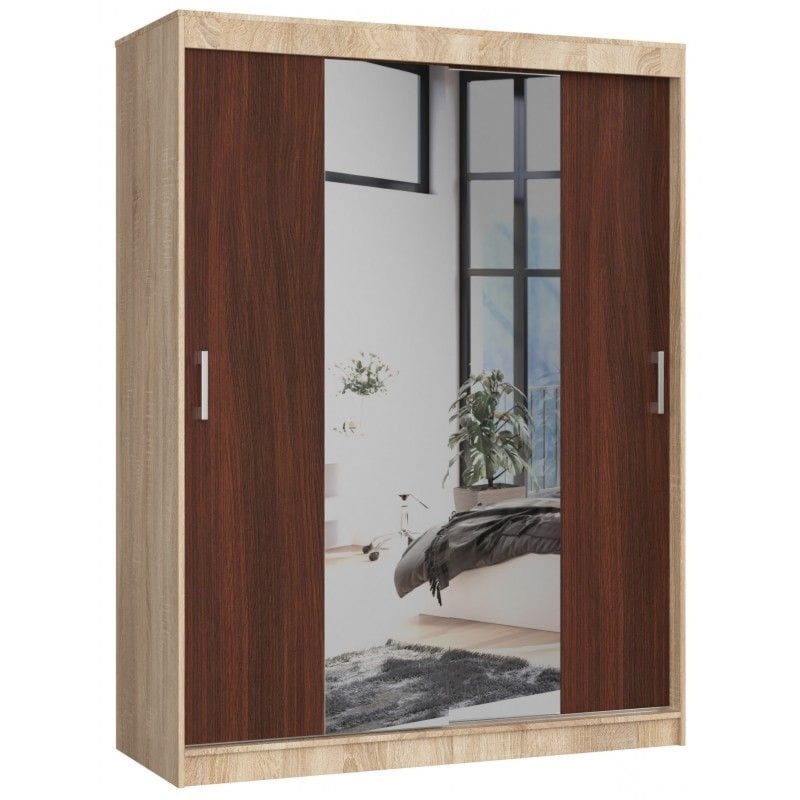 Szafa przesuwna do sypialni z lustrem, NOTTE, 150x60x200 cm, dąb sonoma, wenge, mat