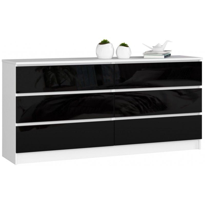 Komoda do sypialni, STILO, 6 szuflad, 160x40x77 cm, biel, czarny, połysk