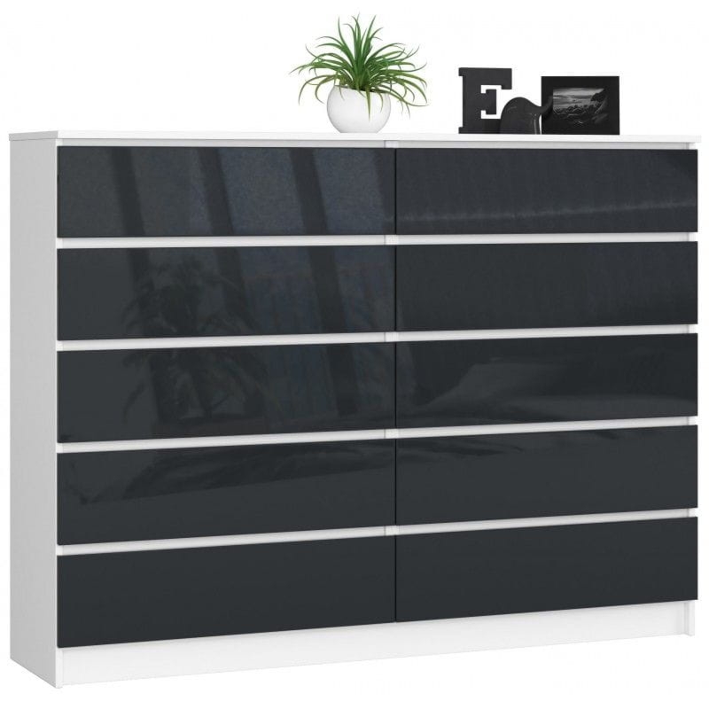 Komoda do sypialni, 10 szuflad, STILO, 160x40x121 cm, biel, grafit, połysk