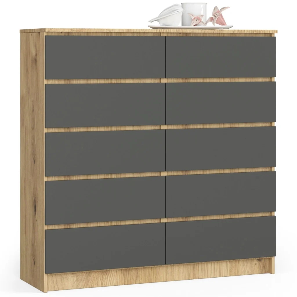 Komoda do salonu, sypialni, STILO, 10 szuflad, 120x40x121 cm, dąb artisan, grafit szary, mat