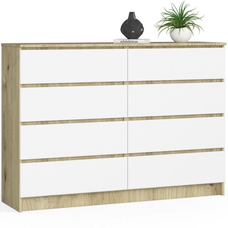 Komoda do sypialni, STILO, 8 szuflad, 140x40x99 cm, dąb artisan, biel, mat