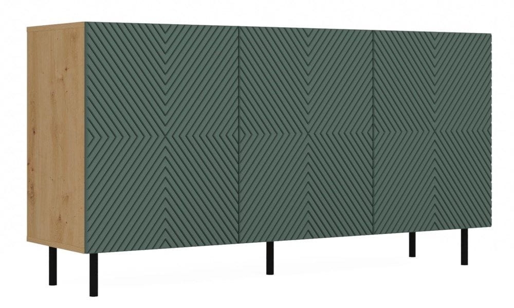 Komoda do sypialni, 3 drzwi, Kama, 150x40x78 cm, dąb artisan, zielony
