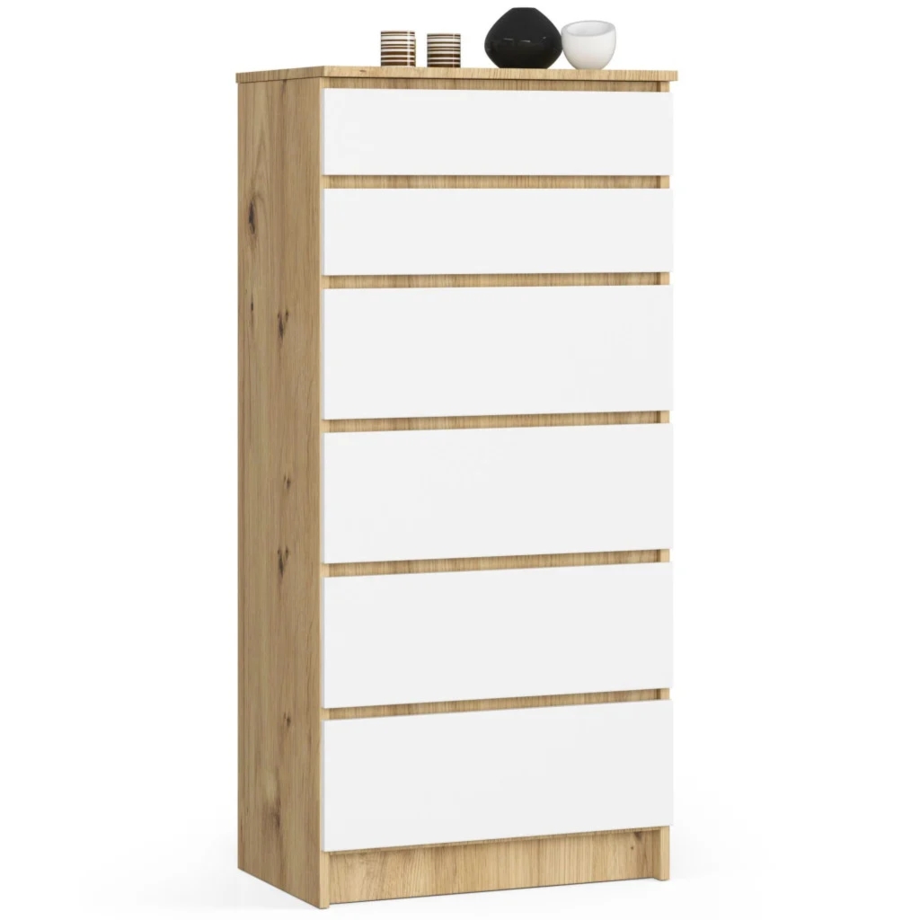Komoda do sypialni, pokoju, 6 szuflad, STILO, 60x40x130 cm, dąb artisan, biel, mat