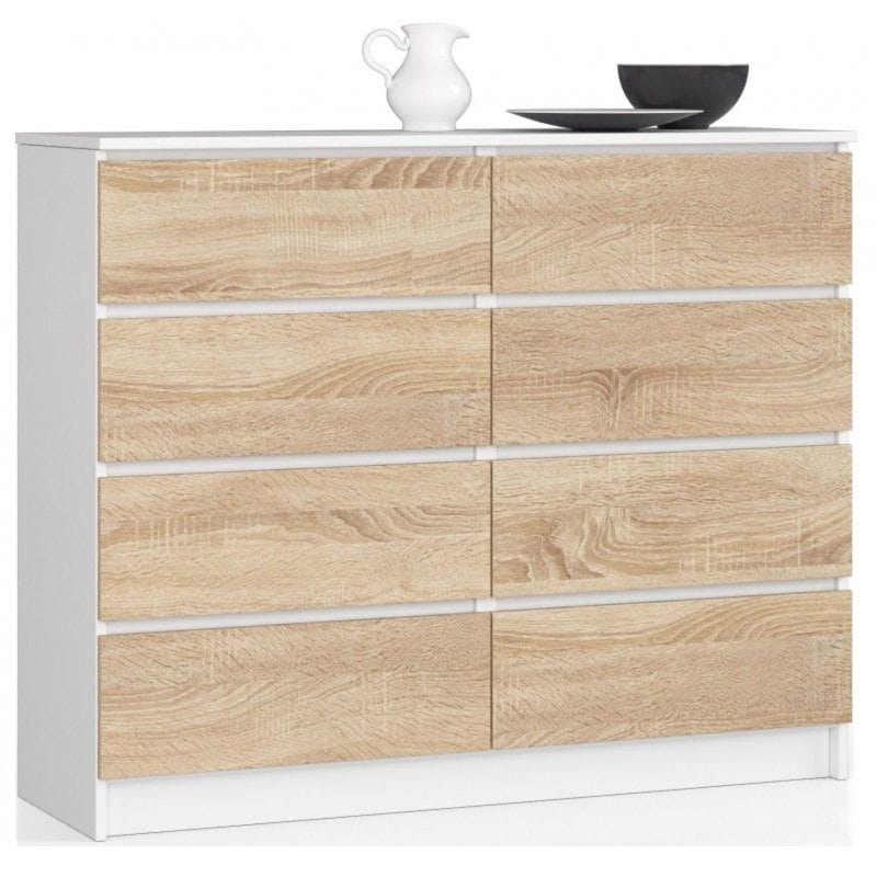 Komoda do salonu, sypialni, STILO, 8 szuflad, 120x40x99 cm, biel, dąb sonoma, mat
