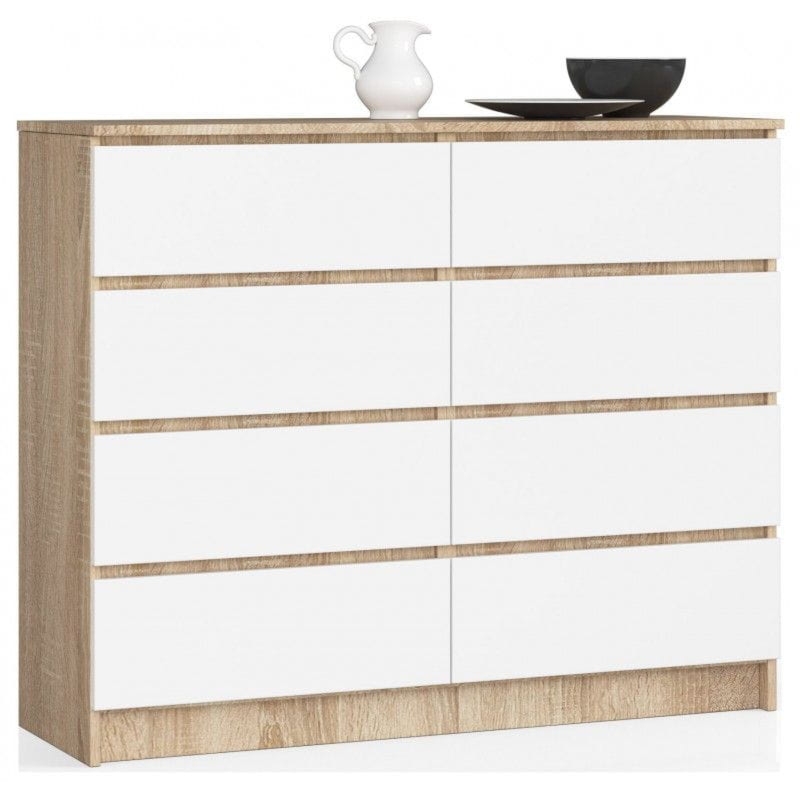 Komoda do salonu, sypialni, STILO, 8 szuflad, 120x40x99 cm, dąb sonoma, biel, mat