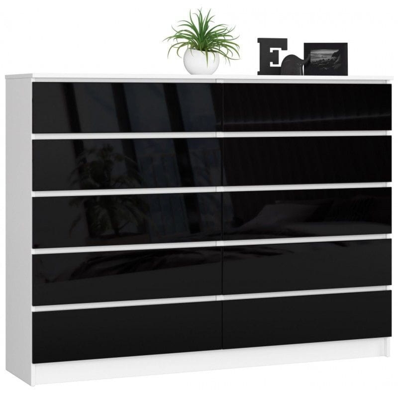 Komoda do sypialni, 10 szuflad, STILO, 160x40x121 cm, biel, czarny, połysk