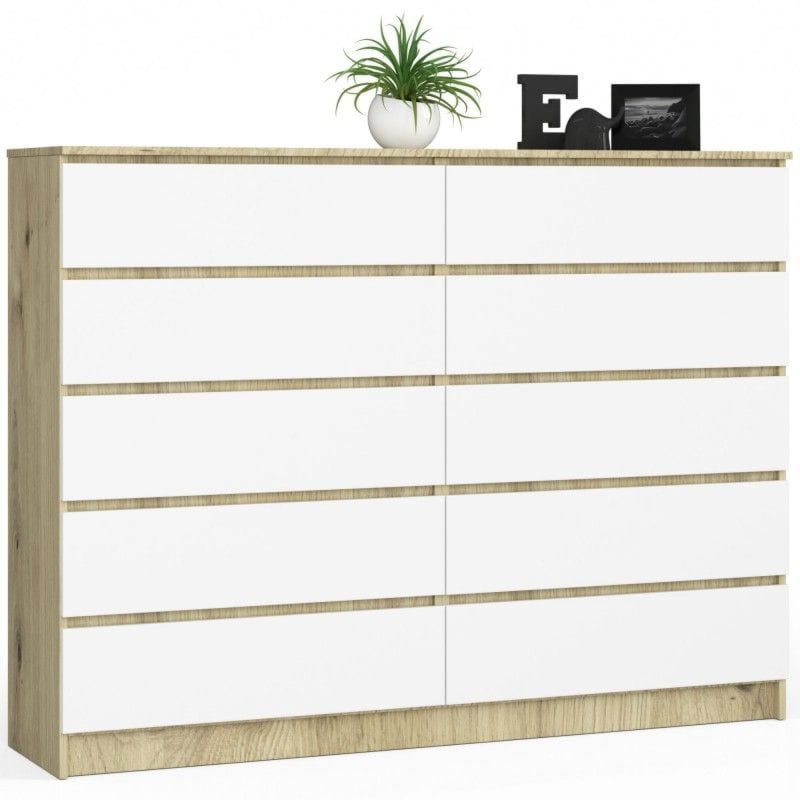 Komoda do sypialni, 10 szuflad, STILO, 160x40x121 cm, dąb artisan, biel, mat