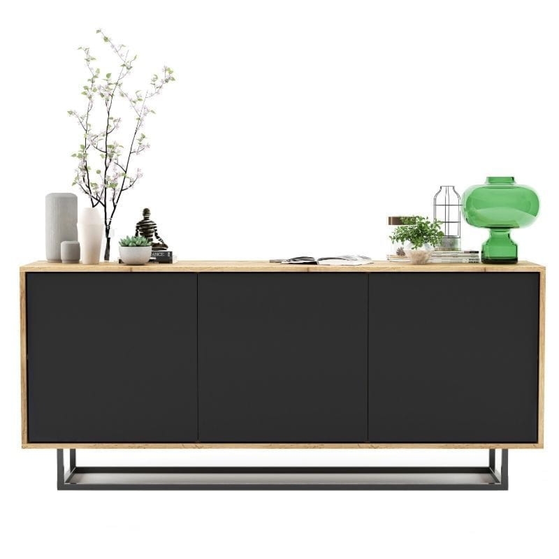 Komoda do salonu, loft, NORD, 168x35x72 cm, dąb wotan, czarny, mat