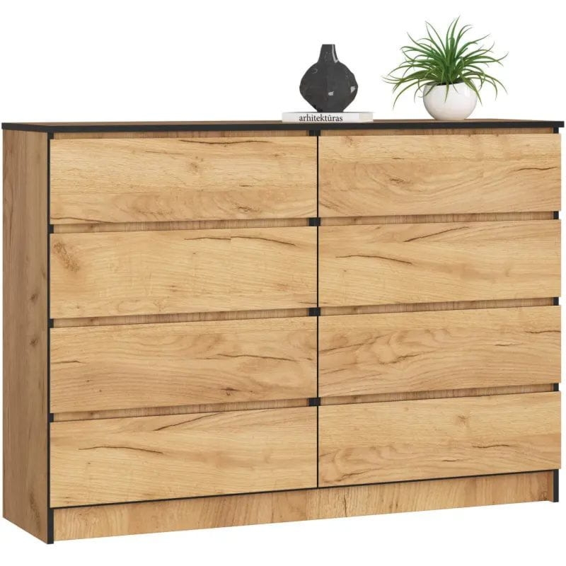 Komoda do sypialni, STILO, 8 szuflad, 140x40x99 cm, dąb craft, mat