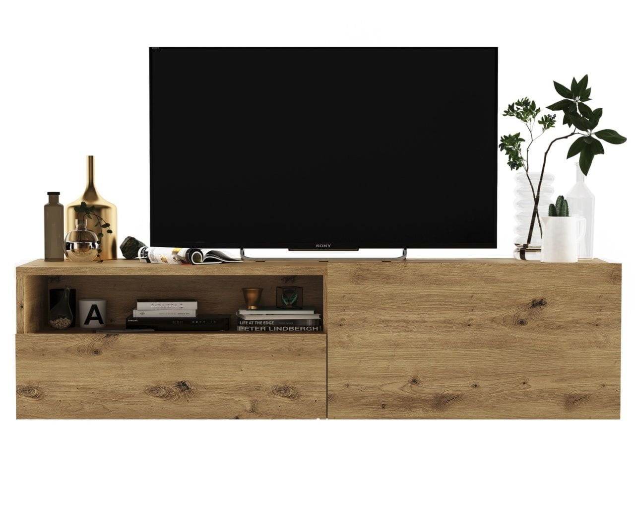 Wisząca szafka RTV, SANO, 120x35x30 cm, dąb artisan, mat