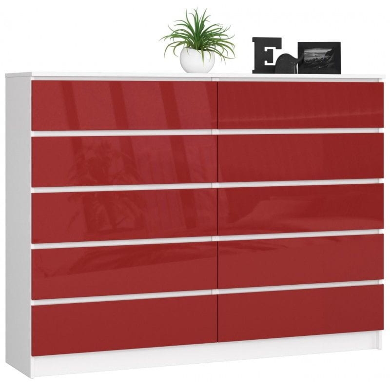 Komoda do sypialni, 10 szuflad, STILO, 160x40x121 cm, biel, czerwony, połysk