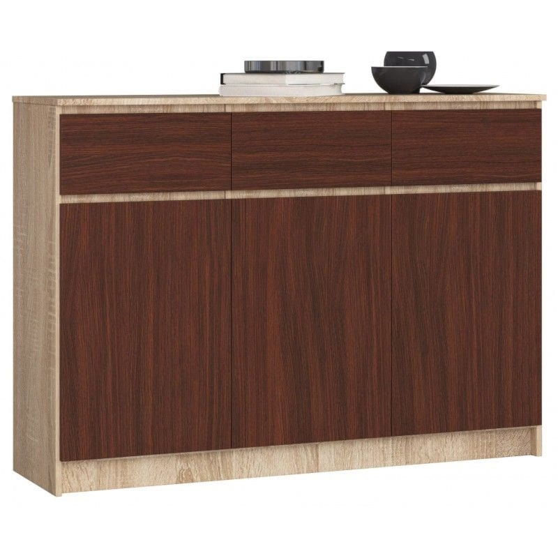 Komoda, 3 szuflady, 3 drzwi, ATLAS, 140x40x99 cm, dąb sonoma, wenge, mat