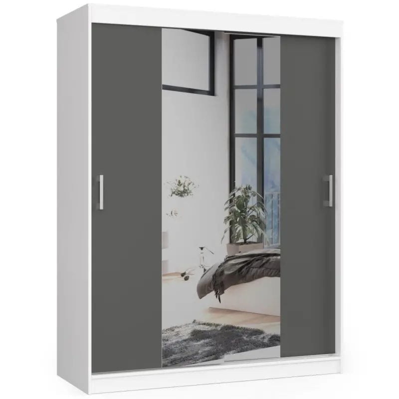 Szafa przesuwna do sypialni z lustrem, NOTTE, 150x60x200 cm, biel, grafit, mat