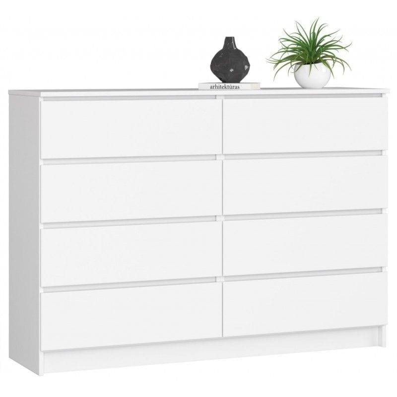 Komoda do sypialni, STILO, 8 szuflad, 140x40x99 cm, biel, mat