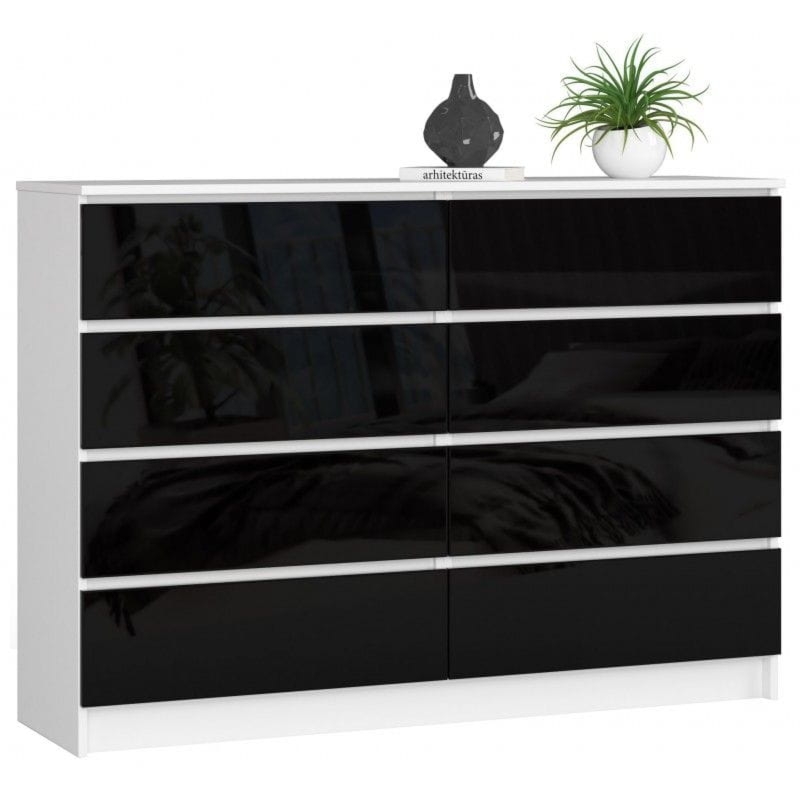 Komoda do sypialni, STILO, 8 szuflad, 140x40x99 cm, biel, czarny, połysk