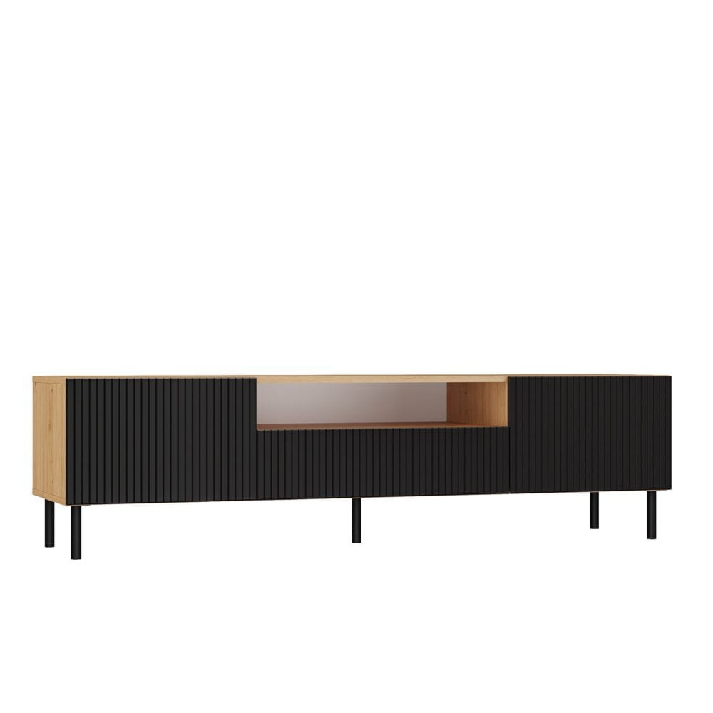 Szafka RTV ryflowana, Kama Slim, 160x40x43 cm, dąb artisan, czarny
