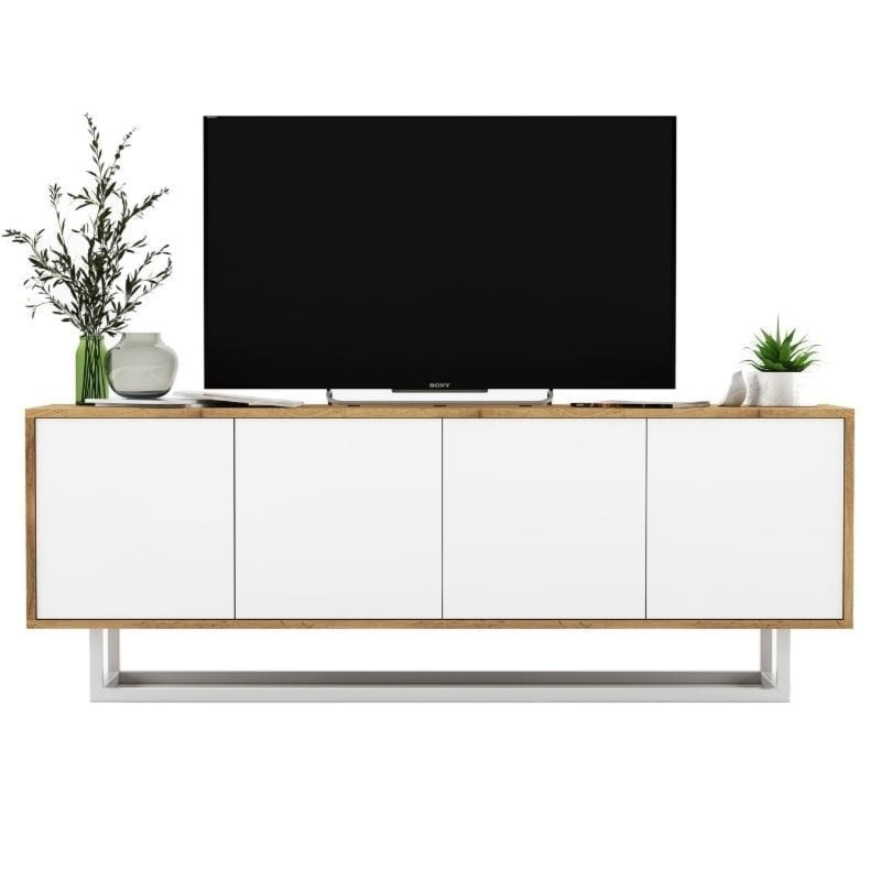 Komoda RTV, loft, NORD, 150x35x53 cm, dąb wotan, biel, mat