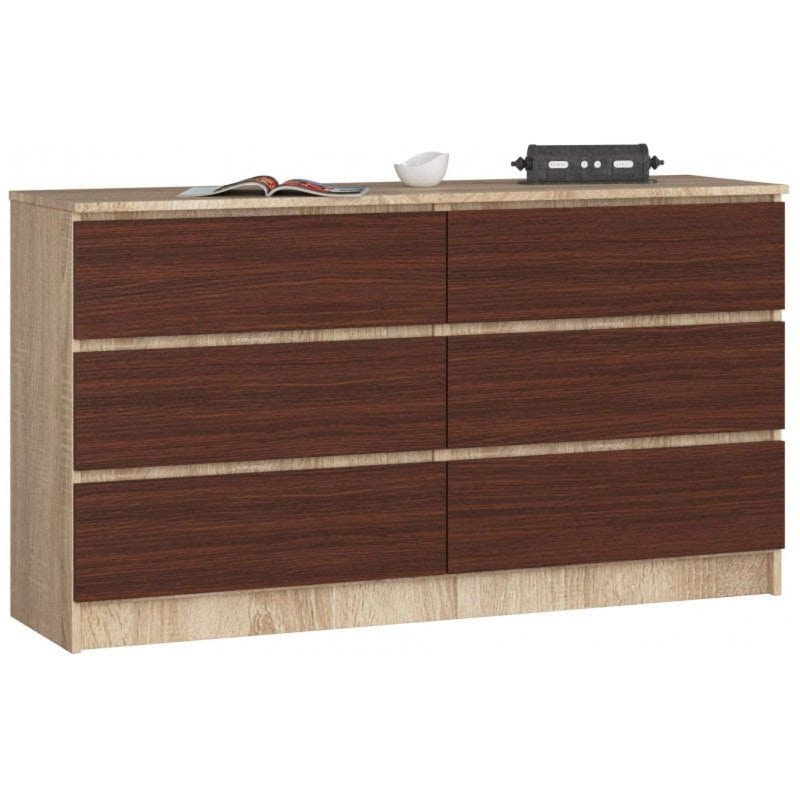 Komoda do sypialni, 6 szuflad, STILO, 140x40x77 cm, dąb sonoma, wenge, mat