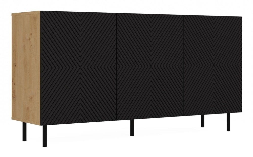 Komoda do sypialni, 3 drzwi, Kama, 150x40x78 cm, dąb artisan, czarny