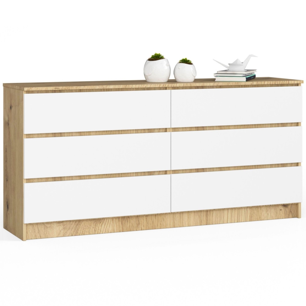 Komoda do sypialni, STILO, 6 szuflad, 160x40x77 cm, dąb artisan, biel, mat