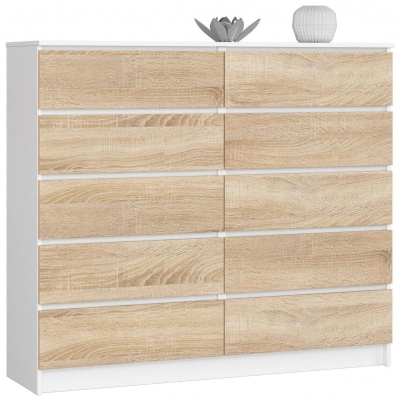 Komoda do sypialni, STILO, 10 szuflad, 140x40x121 cm, biel, dąb sonoma, mat