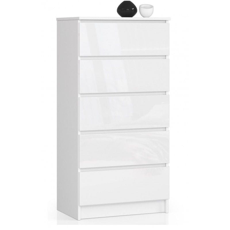 Komoda do sypialni, 5 szuflad, STILO, 60x40x121 cm, biel, połysk
