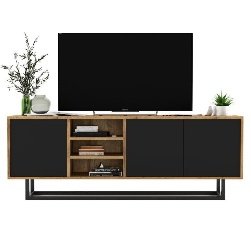 Szafka RTV, loft, NORD, 150x35x53 cm, dąb wotan, czarny, mat