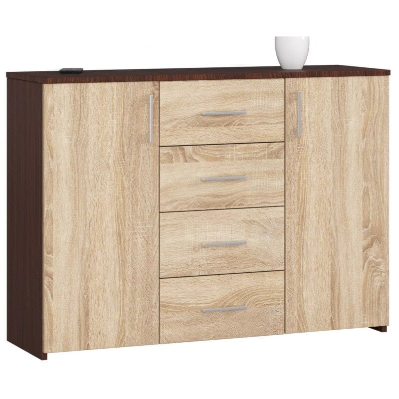 Komoda do sypialni, drzwi, 4 szuflady, LENA, 110x35x80 cm, wenge, dąb sonoma, mat