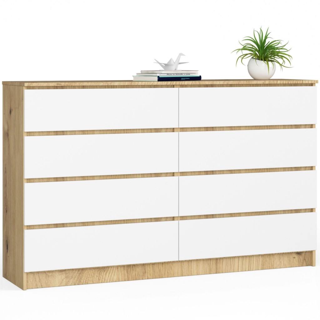 Komoda do sypialni, 8 szuflad, STILO, 160x40x99 cm, dąb artisan, biel, mat