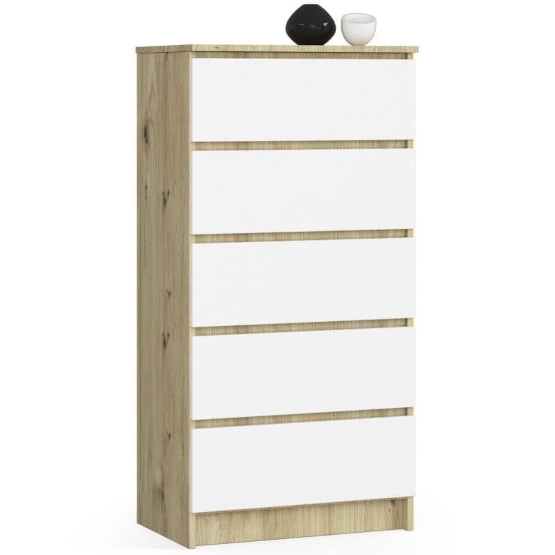 Komoda do sypialni, 5 szuflad, STILO, 60x40x121 cm, dąb artisan, biel, mat